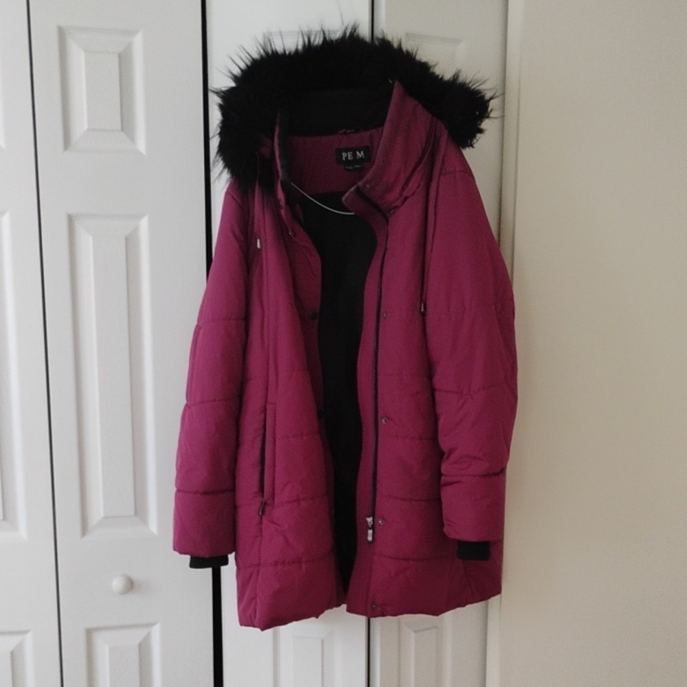 Women's Pink Puffer Coat with Faux Fur Hood